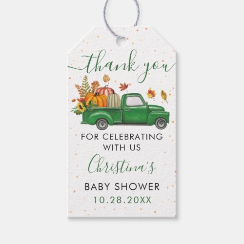 Autumn Pumpkin Green Truck Baby Shower Thank You Gift Tags