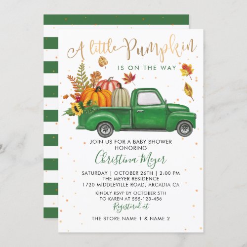 Autumn Pumpkin Green Truck Fall Baby Shower Invitation