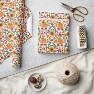 Autumn Pumpkin Harvest and Floral Foliage Wrapping Paper