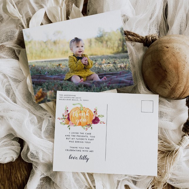 Autumn Pumpkin Kids Birthday Party Photo Thank You Postcard (Creator Uploaded)