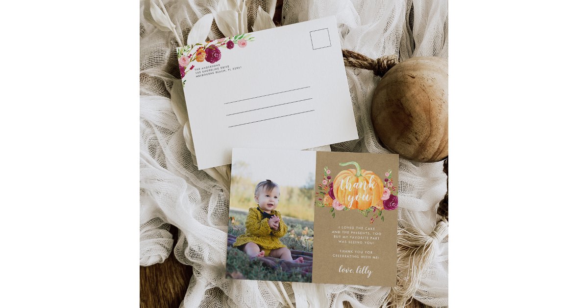 Autumn Pumpkin Kids Birthday Party Photo Thank You Postcard | Zazzle