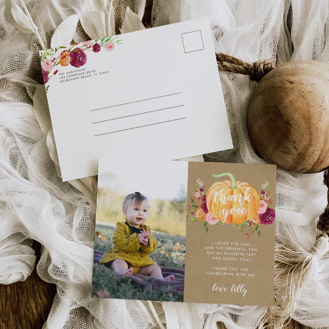 Autumn Pumpkin Kids Birthday Party Photo Thank You Postcard | Zazzle