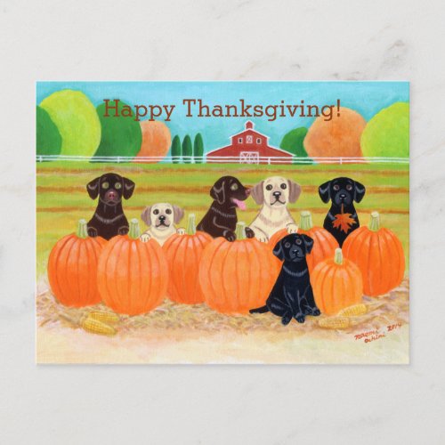 Autumn Pumpkin Labradors Painting Holiday Postcard