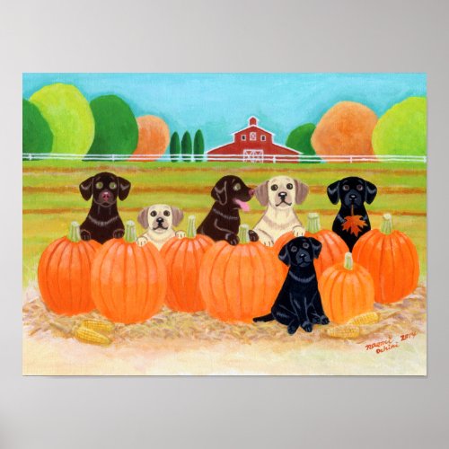 Autumn Pumpkin Labradors Painting Poster