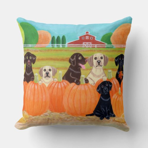 Autumn Pumpkin Labradors Painting Throw Pillow