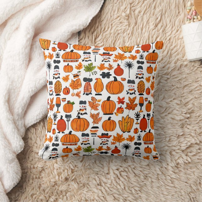 Autumn Pumpkin & Leaf Pattern | Cozy Fall Throw Pillow (Blanket)