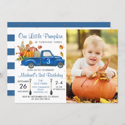 Autumn Pumpkin Leaves Blue Truck Birthday Photo Invitation