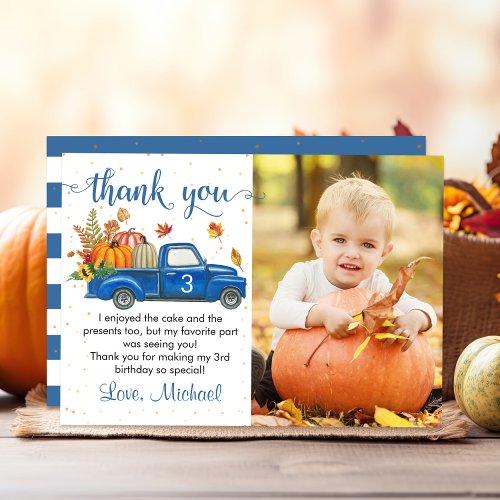 Autumn Pumpkin Leaves Blue Truck Birthday Photo Thank You Card