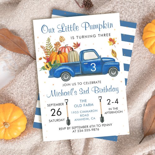 Autumn Pumpkin Leaves Blue Truck Fall Birthday Invitation