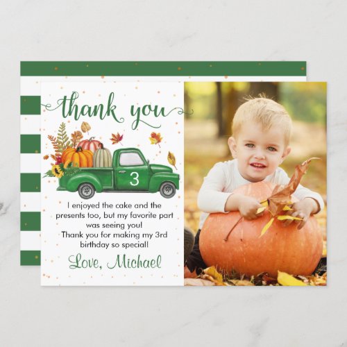 Autumn Pumpkin Leaves Green Truck Birthday Photo Thank You Card