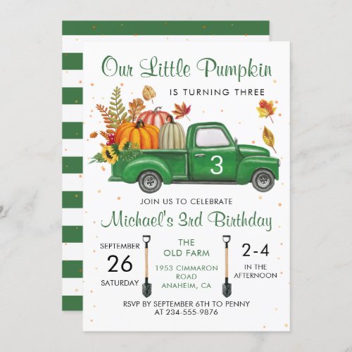 Autumn Pumpkin Leaves Green Truck Fall Birthday In Invitation