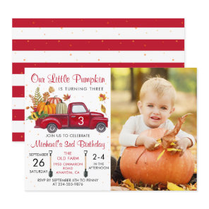 Autumn Pumpkin Leaves Red Truck Birthday Photo Invitation