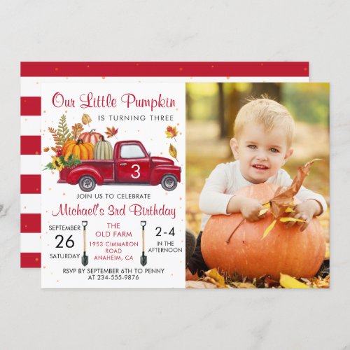 Autumn Pumpkin Leaves Red Truck Birthday Photo Invitation