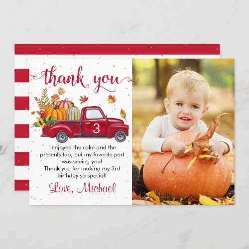 Autumn Pumpkin Leaves Red Truck Birthday Photo Thank You Card