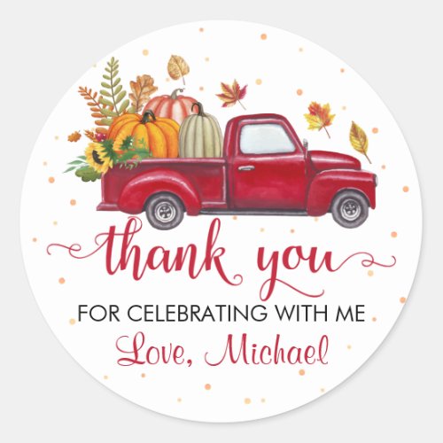 Autumn Pumpkin Leaves Red Truck Birthday Thank You Classic Round Sticker