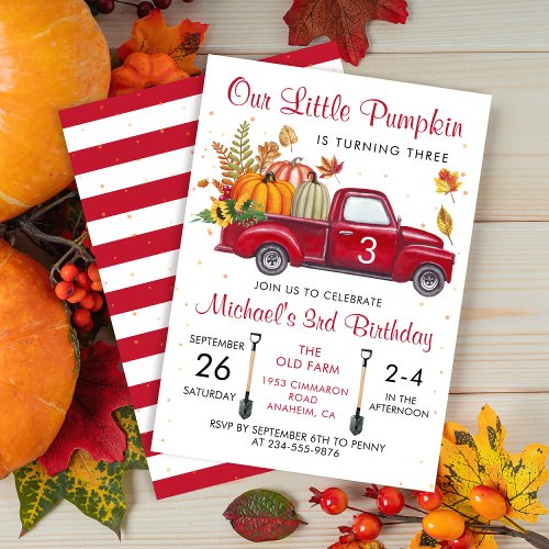 Autumn Pumpkin Leaves Red Truck Fall Birthday Invitation