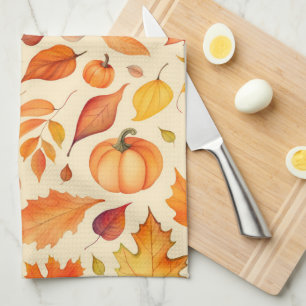 Autumn Pumpkin Leaves Watercolor Kitchen Towel