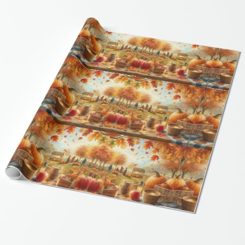  Autumn Pumpkin Patch Orange Leaves  Wrapping Paper