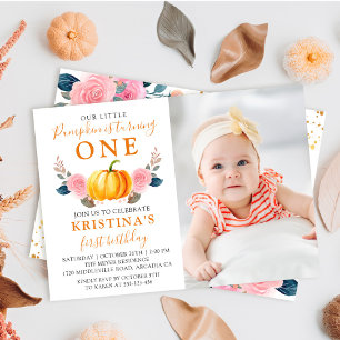 Autumn Pumpkin Pink Floral 1st Birthday Photo Invitation
