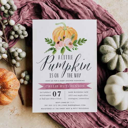 Autumn Pumpkin Pink Floral Baby Shower Invitation