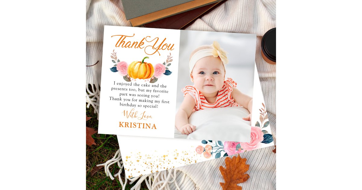 Autumn Pumpkin Pink Floral Fall Birthday Photo Thank You Card | Zazzle