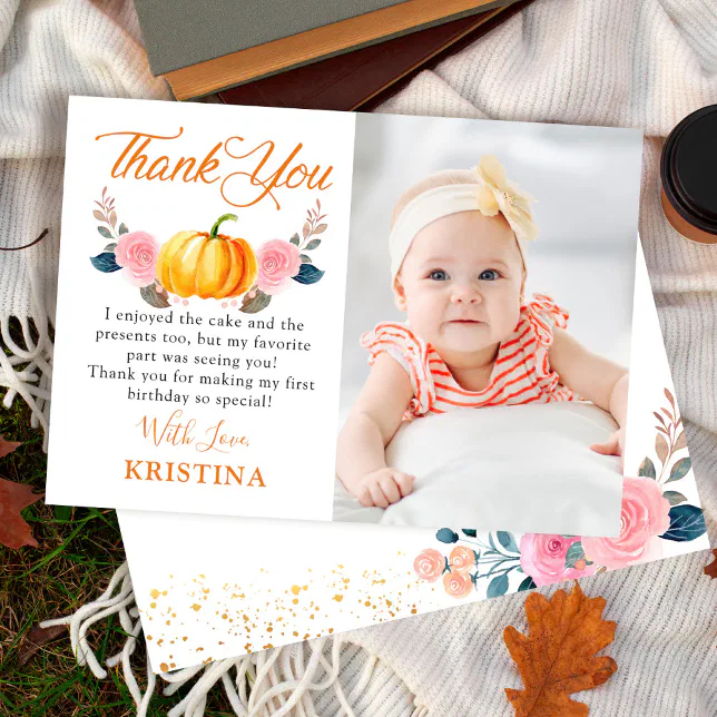 Autumn Pumpkin Pink Floral Fall Birthday Photo Thank You Card | Zazzle