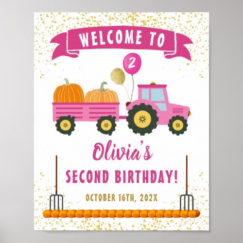 Autumn Pumpkin Pink Tractor Girl Birthday Welcome Poster