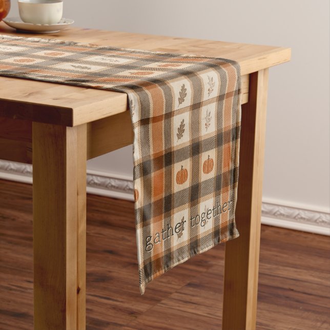 Autumn Pumpkin Plaid Short Table Runner (In Situ)