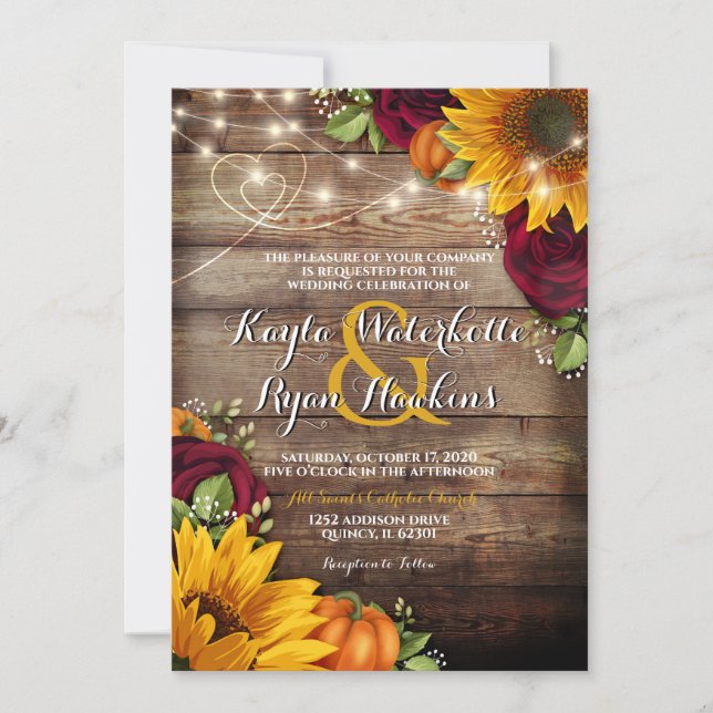 Autumn Pumpkin Roses Rustic Wood Lights Invitation (Front)