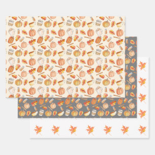 Autumn Pumpkin Spice and Leaves Wrapping Paper Sheets