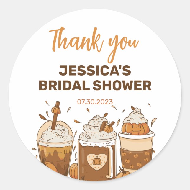 Autumn Pumpkin Spice Coffee Fall Bridal Shower Classic Round Sticker (Front)