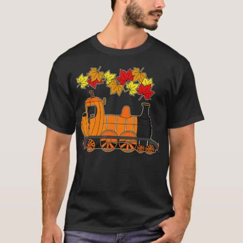 Autumn Pumpkin Steam Train October Leaves Rail Fal T_Shirt