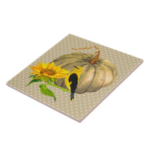 Autumn Pumpkin Sunflower and Finch  Ceramic Tile