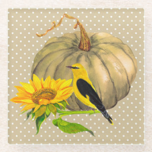 Autumn Pumpkin Sunflower and Finch Glass Coaster