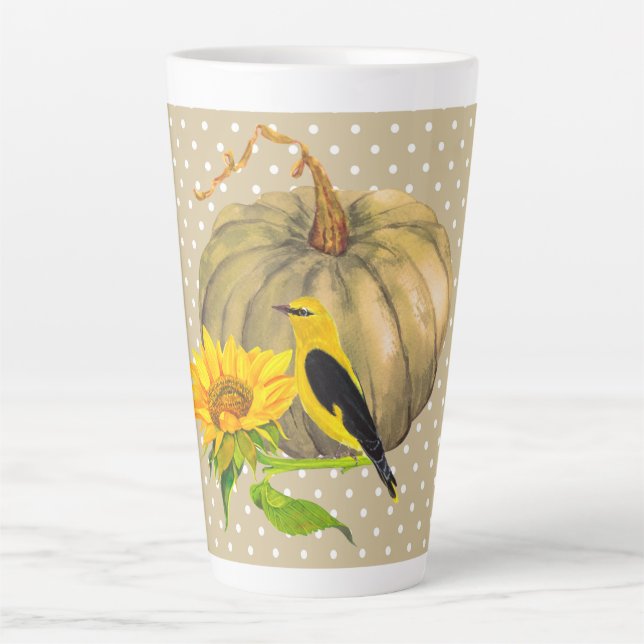 Autumn Pumpkin Sunflower and Finch  Latte Mug (Front)