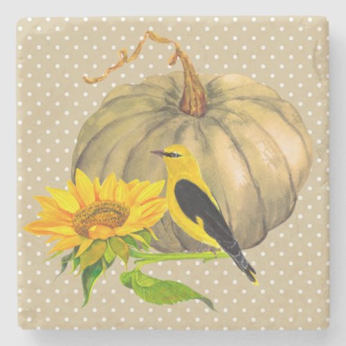 Autumn Pumpkin Sunflower and Finch Stone Coaster