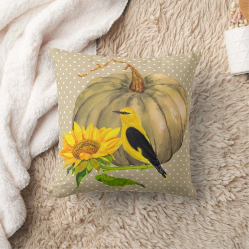 Autumn Pumpkin Sunflower and Finch Throw Pillow