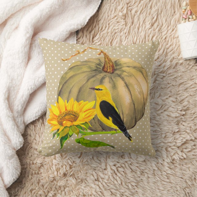 Autumn Pumpkin Sunflower and Finch Throw Pillow (Blanket)