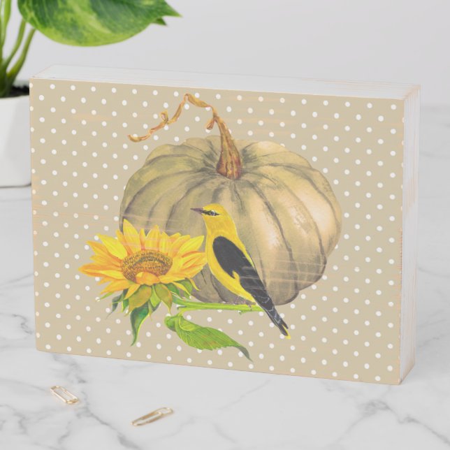 Autumn Pumpkin Sunflower and Finch  Wooden Box Sign (In Situ Horizontal)