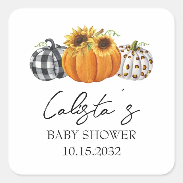 Autumn Pumpkin & Sunflower Baby Shower Favors Square Sticker (Front)