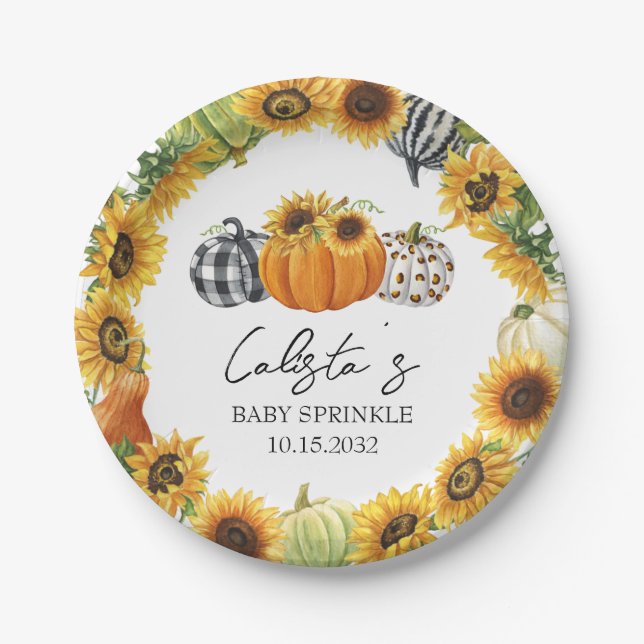 Autumn Pumpkin & Sunflower Baby Sprinkle Paper Plates (Front)