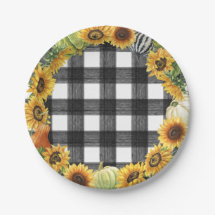 Autumn Pumpkin & Sunflower Buffalo Plaid Paper Plates