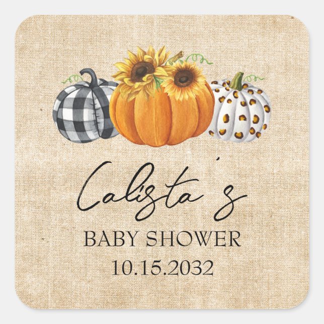 Autumn Pumpkin Sunflower Burlap Baby Shower Favors Square Sticker (Front)