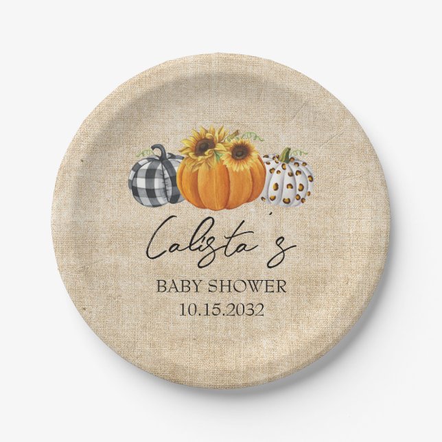 Autumn Pumpkin Sunflower Burlap Baby Shower Paper Plates (Front)