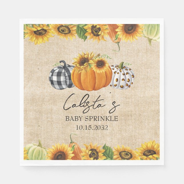 Autumn Pumpkin & Sunflower Burlap Baby Sprinkle Napkins (Front)