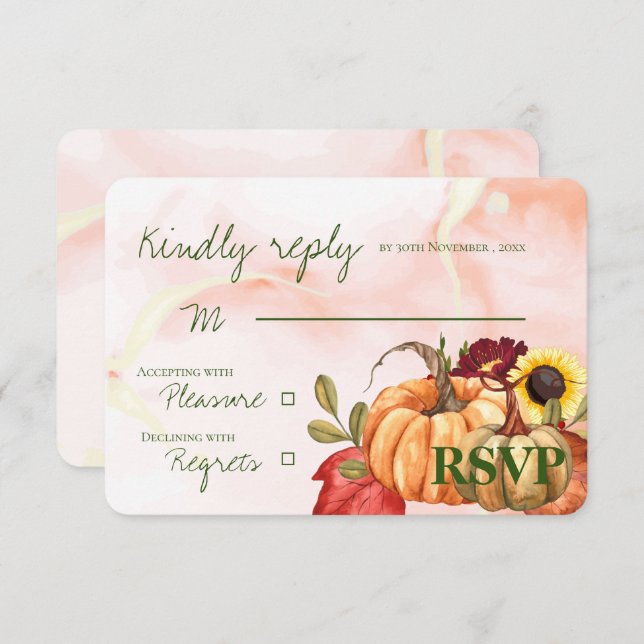 Autumn Pumpkin Sunflower Cute Fall Wedding RSVP Card (Front/Back)