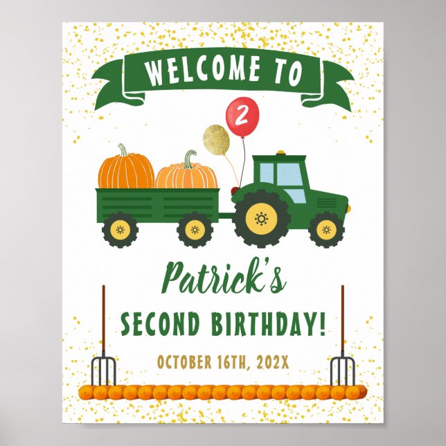 Autumn Pumpkin Tractor Fall Birthday Welcome Poster (Front)