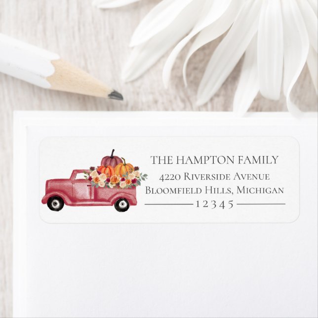 Autumn Pumpkin Truck Floral Fall Return Address Label (Insitu)