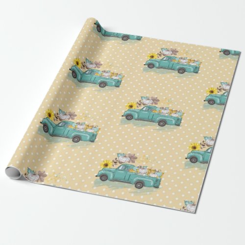 Autumn Pumpkin Truck Green Yellow Glitter Fall Wrapping Paper