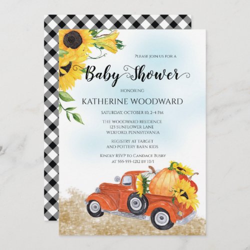 Autumn Pumpkin Truck  Sunflowers Baby Shower Invitation